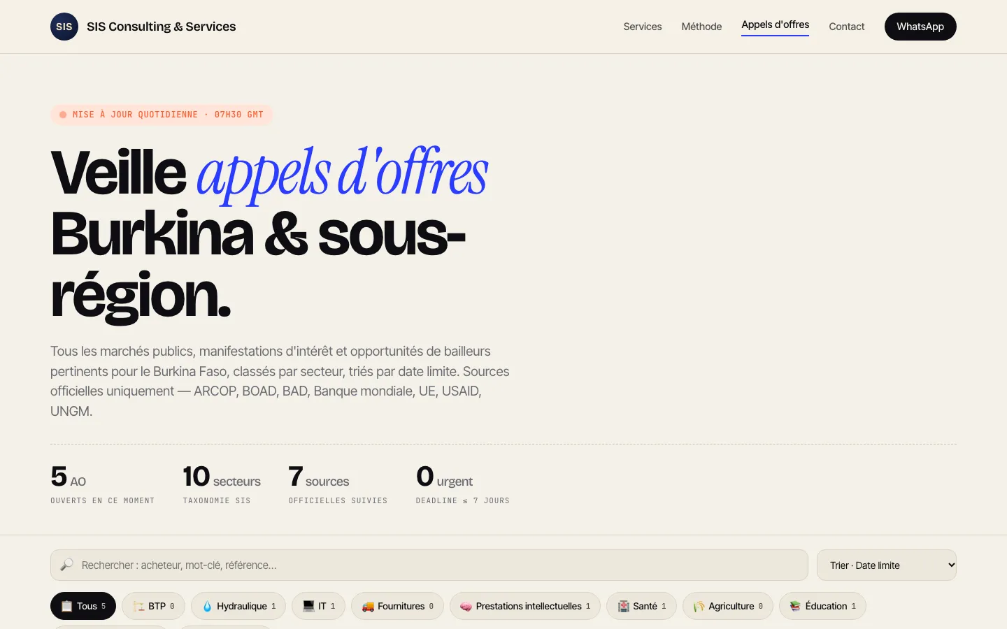 Page de veille des appels d'offres, triés par secteur