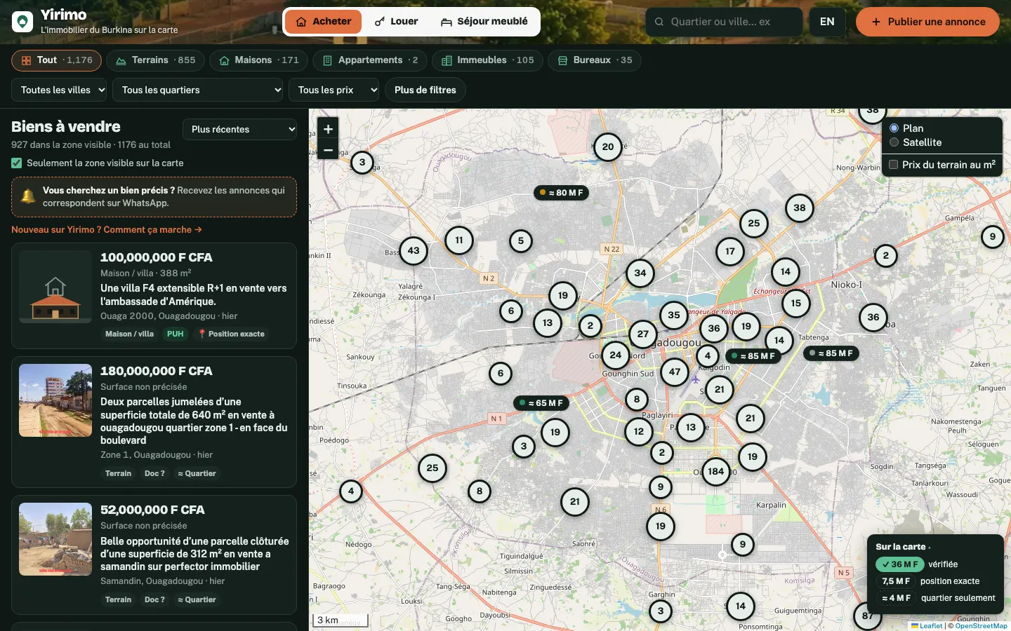 Page d'accueil de Yirimo : carte satellite de Ouagadougou avec les annonces immobilières